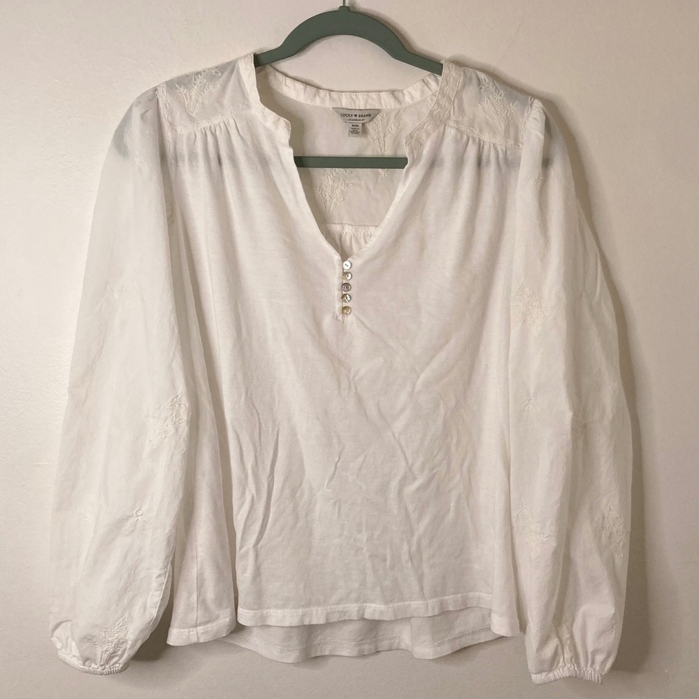Lucky Brand White Embroidered Floral Peasant Blouse Boho Coastal 100% Cotton M